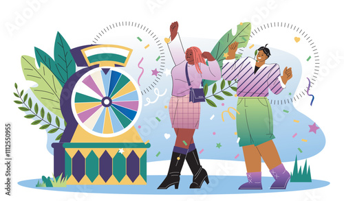 People won lottery. Man and woman celebrate success. Game for fortune and luck. Online gambling poster. Fun and entertainment. Flat vector illustration