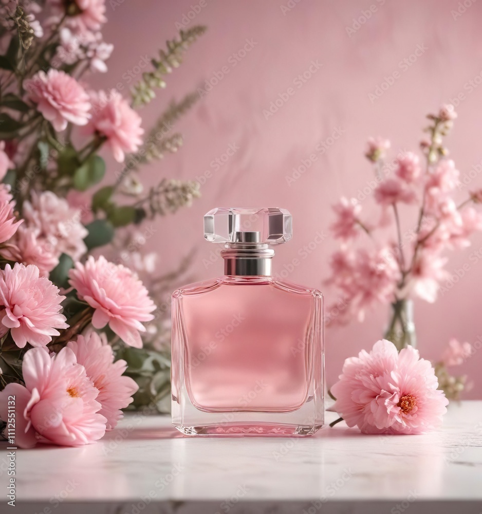 Dreamy background of soft pink hues with a perfume bottle and floral arrangements, pastel, perfume Dreamy background of soft pink hues with a perfume bottle and floral arrangements, pastel, perfume