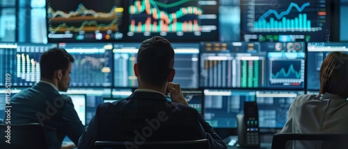 Financial Analysts Collaborating in a High-Tech Trading Room photo