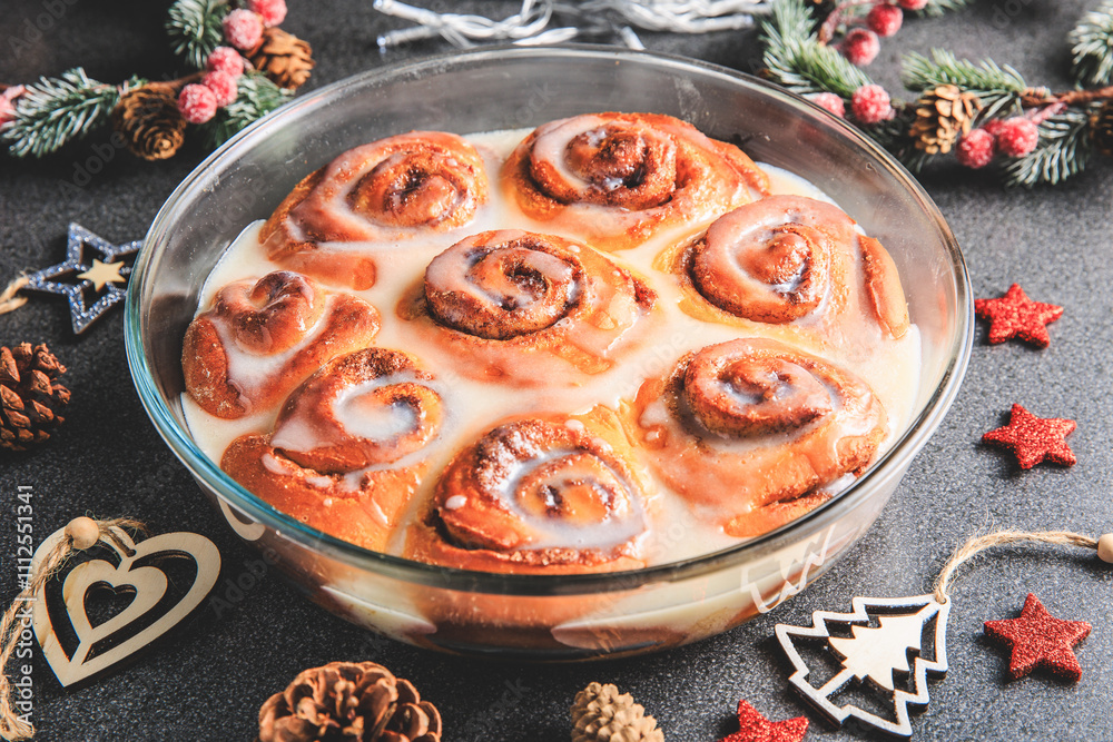 Cinnamon Rolls brioches or cinnamon rolls with icing sugar and cream cheese - decorated for Christmas