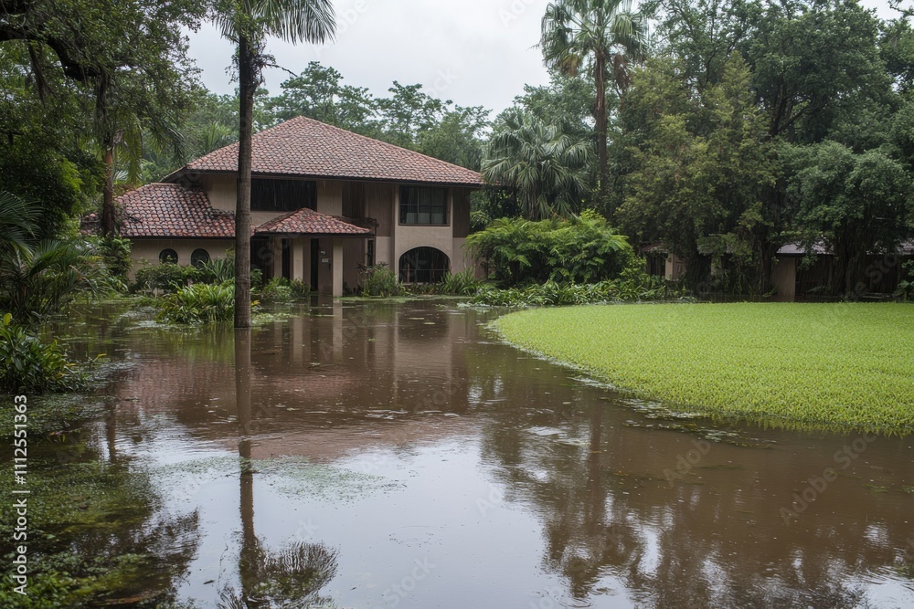Flooded House in Lush Tropical Landscape After a Heavy Rainfall Flooded House in Lush Tropical Landscape After a Heavy Rainfall