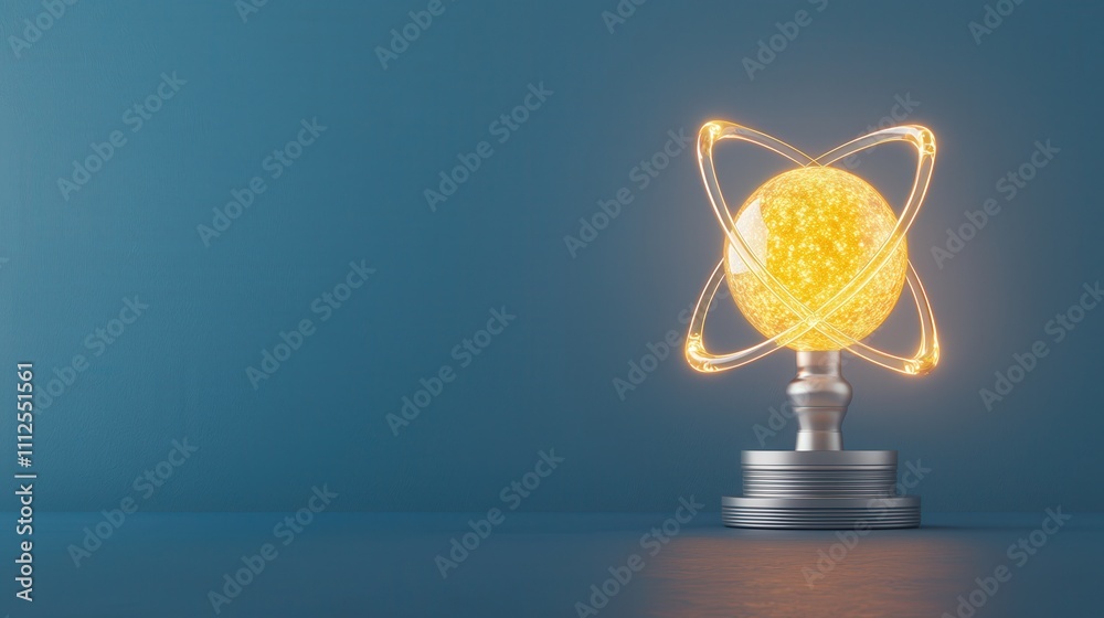 Nuclear energy. Illuminated atom model on a pedestal against a blue background. Nuclear energy. Illuminated atom model on a pedestal against a blue background.