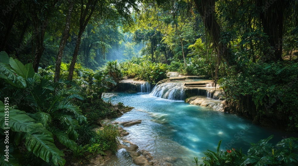 Serene Tropical Waterfall Surrounded by Lush Green Foliage Serene Tropical Waterfall Surrounded by Lush Green Foliage