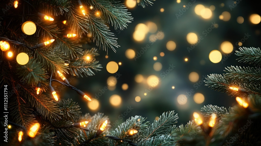 Fototapeta premium A dreamy abstract Christmas background with golden blurred lights scattered among deep green pine branches, giving a soft glow and warm ambiance.