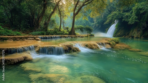 Tranquil Waterfall in Lush Green Forest with Serenity and Peace