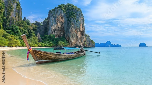 Serene Beach with Traditional Boat Surrounded by Majestic Cliffs