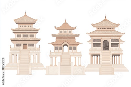 Three architectural illustrations of traditional Asian-style pagodas. photo