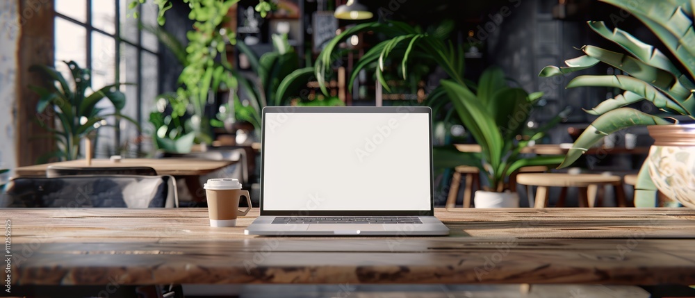 A Minimalist Workspace: Laptop, Coffee, and a Trendy Cafe Ambiance A Minimalist Workspace: Laptop, Coffee, and a Trendy Cafe Ambiance