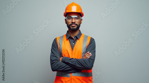 Confident construction worker in safety gear against a neutral background