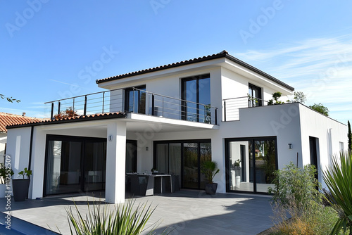 A new modern house in the south of France, with a terrace and balcony on one side. Its roofed floor plan is two floors high, with white walls and black windows. There is one door to the front garden.