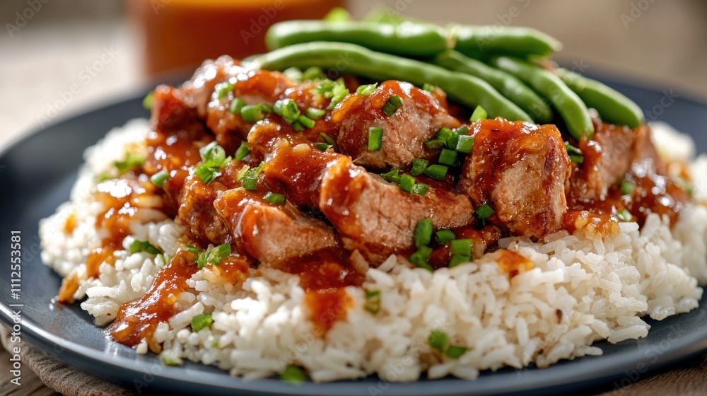 A simple meal with grilled meat and steamed green beans served over a plate of rice A simple meal with grilled meat and steamed green beans served over a plate of rice