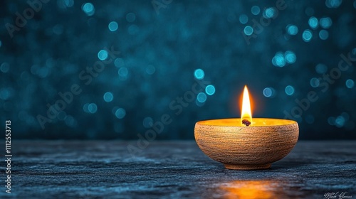 A photostock of a glowing diya lamp on a dark background with soft bokeh lights, symbolizing warmth and celebration. High Quality photo