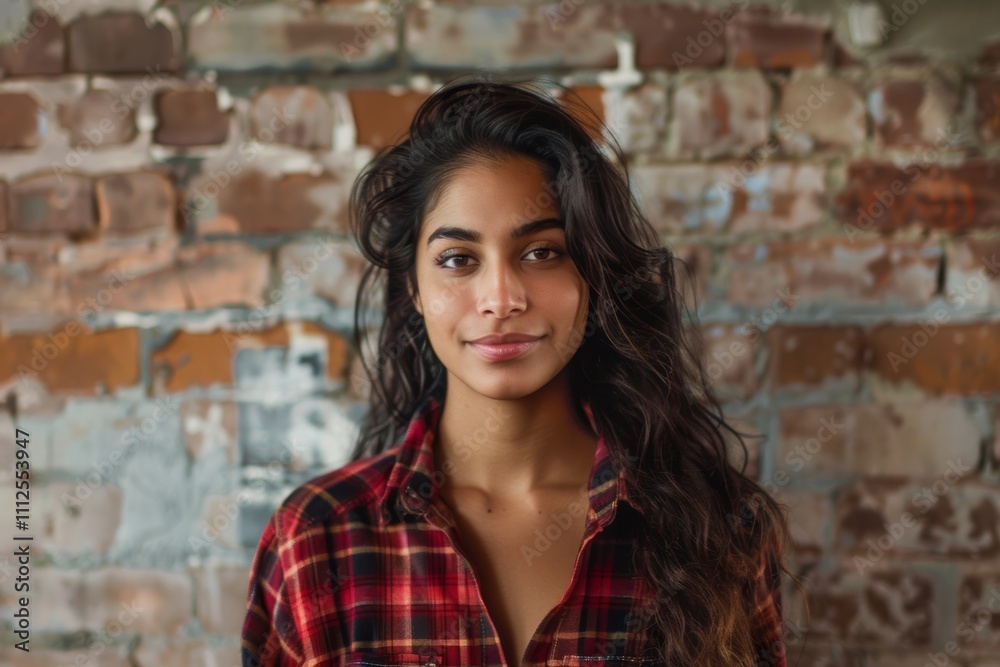 Portrait of a merry indian woman in her 30s wearing a comfy flannel shirt while standing against vintage brick wall Portrait of a merry indian woman in her 30s wearing a comfy flannel shirt while standing against vintage brick wall