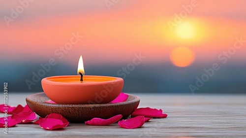 A photostock of a glowing diya placed on a decorated plate surrounded by rose petals for Diwali celebrations. High Quality photo