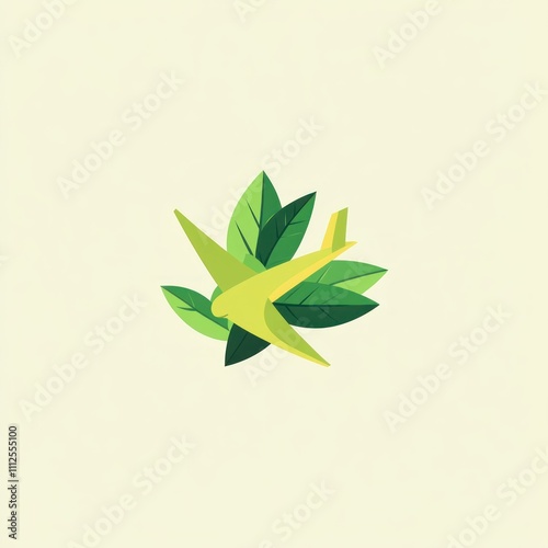 Here's a possible  and keyword list for your stock photo submission.. Eco-friendly air travel concept Airplane icon nestled within green leaves, symbolizing sustainable flight and nature. photo