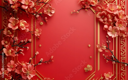 Beautiful red background adorned with delicate peach blossom branches. Perfect for celebrations, cultural themes, or seasonal decorations, bringing a vibrant touch to any design.