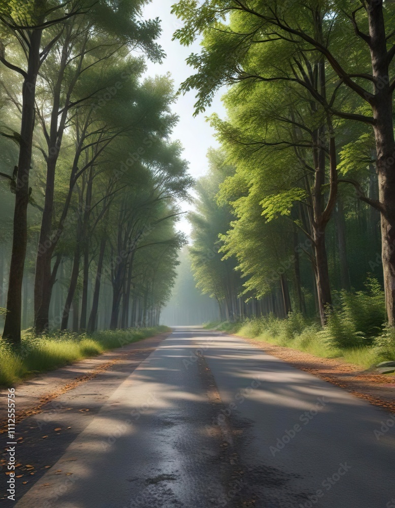 Obraz premium Forest scenery along a paved country driveway, autumn, forest, red