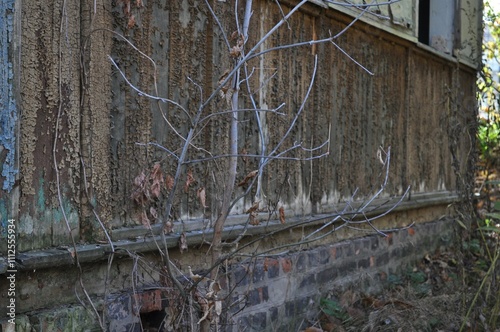 the facade of an abandoned house photo