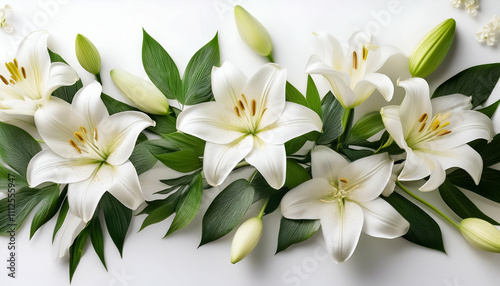 Elegant floral border with white and cream lilies and green leaves