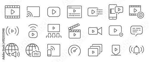 Video icon set. It included contexts such as clip, streaming, media, multimedia, entertainment, and more. Editable Vector Stroke.

