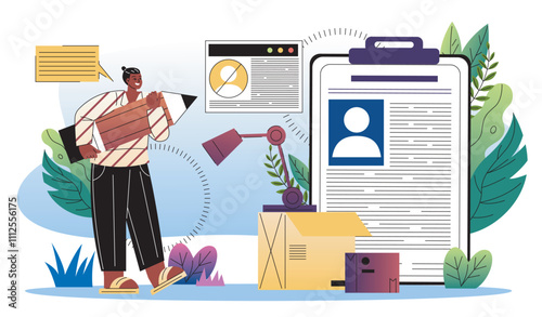 Personnel screening concept. Woman with pencil near clipboard. Recruitment and hiring. Access for privacy information. Flat vector illustration
