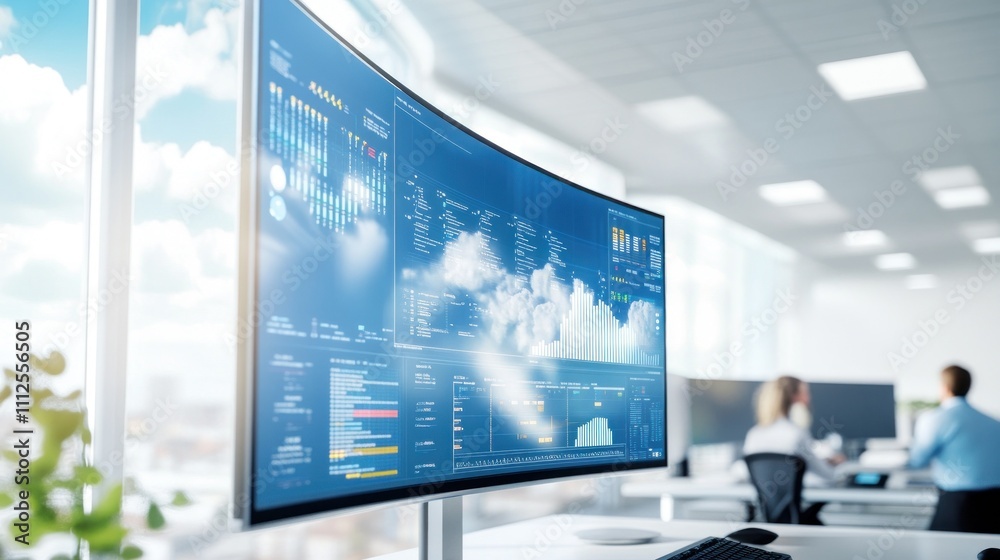 Wide office screen displaying statistical data graphs Wide office screen displaying statistical data graphs