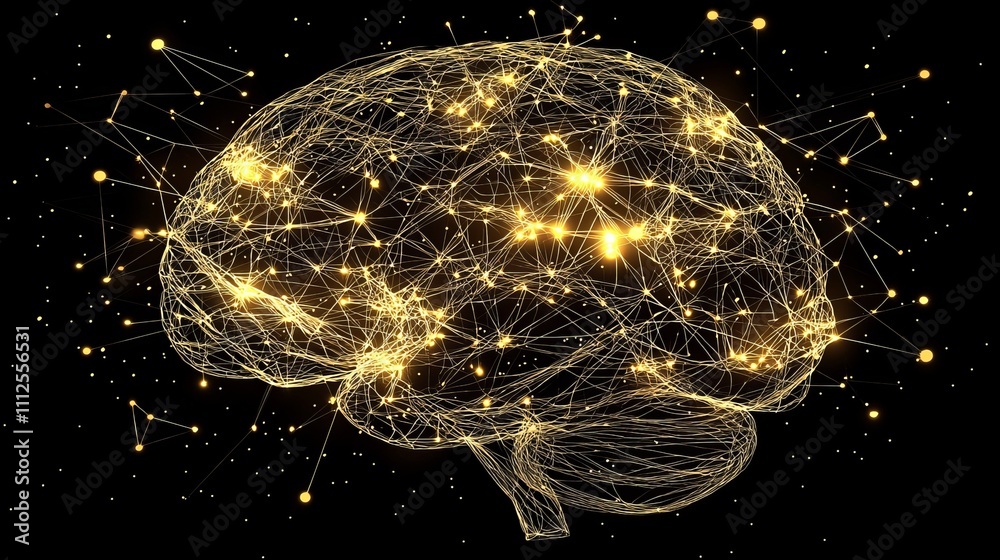 A glowing wireframe representation of a brain with interconnected nodes and lines against a dark background. A glowing wireframe representation of a brain with interconnected nodes and lines against a dark background.
