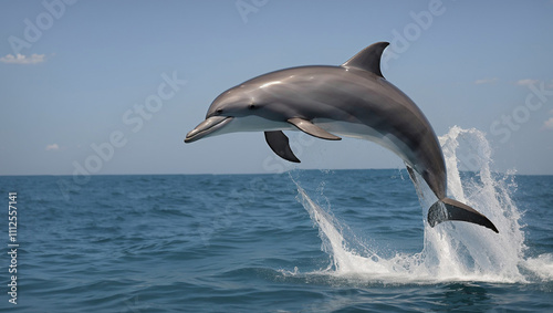 A dolphin is leaping out of the ocean water.