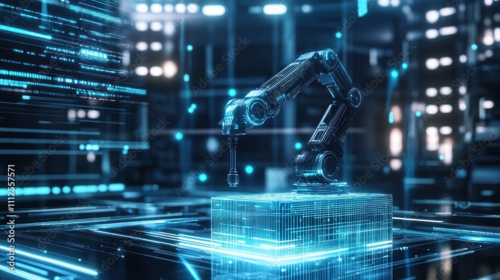 Fototapeta premium Black robotic arm on pedestal with digital interface