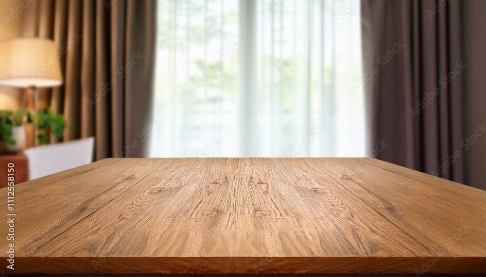 Wooden table top on blurred background of half curtained window Wooden table top on blurred background of half curtained window