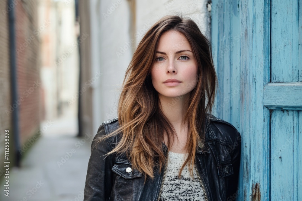 A woman wearing a leather jacket leans against a blue door, ready to go somewhere A woman wearing a leather jacket leans against a blue door, ready to go somewhere