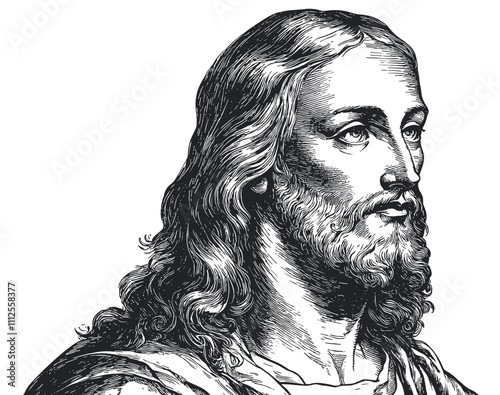 Bible Character Detailed Vintage Engraving Illustration on White Background with Intricate Texture Classic Religious Art Antique Style Spiritual Figure Graphic Vintage Christ Design