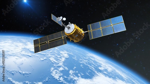 Satellite with dual solar panels orbiting Earth