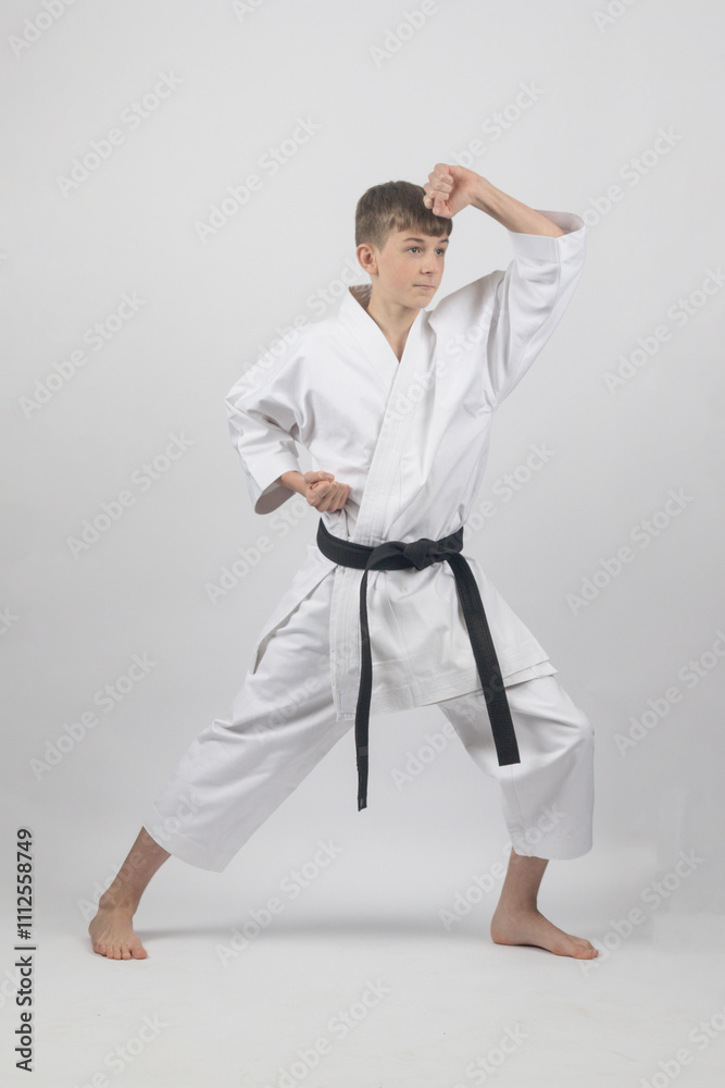Fifteen year old male teenage karate black belt in long stance doing a head block, studio shot against a white background Fifteen year old male teenage karate black belt in long stance doing a head block, studio shot against a white background