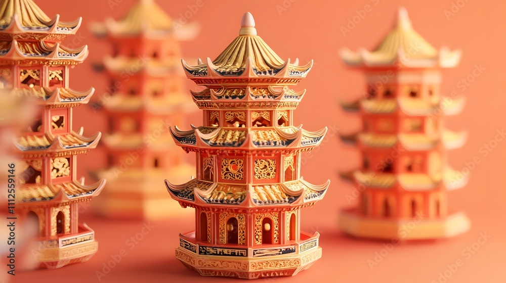 Obraz premium A collection of intricate miniature pagoda models showcasing traditional architectural design, featuring ornate details and vibrant colors against a warm background.