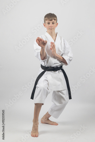 Fifteen year old male teenage karate black belt in a cat stance doing open hand block, studio shot against a white background photo