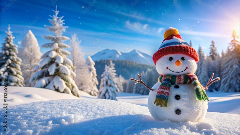 Obraz premium Panoramic view of a happy snowman in winter scenery with copy space 