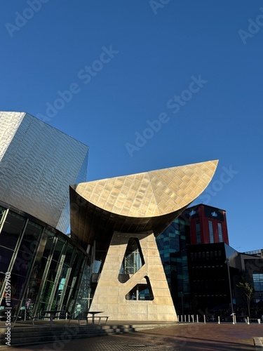 Modern buildings and landmarks around Salford Quays home of Media City UK. Manchester England. 