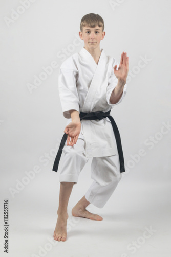 Fifteen year old male teenage karate black belt in a cat stance doing open hand block, studio shot against a white background photo
