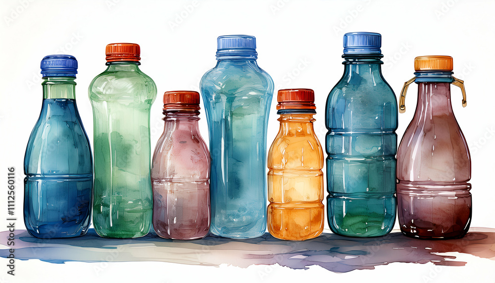 Drinking Bottles PET Bottles. isolated on white. watercolor clipart illustration Drinking Bottles PET Bottles. isolated on white. watercolor clipart illustration