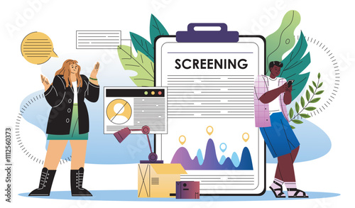 Personnel screening concept. Man and woman near clipboard. Recruitment and hiring. Access for privacy information. Human resources. Flat vector illustration