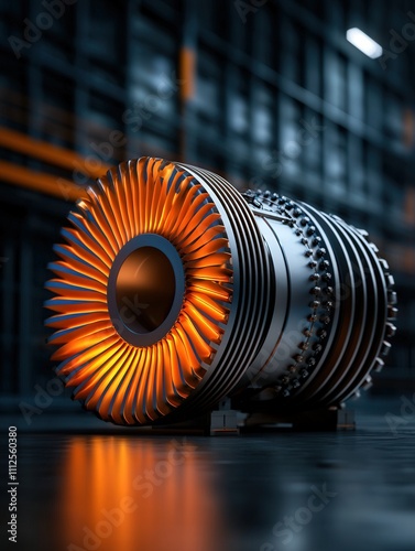 High-tech jet engine with glowing turbine in industrial setting. photo