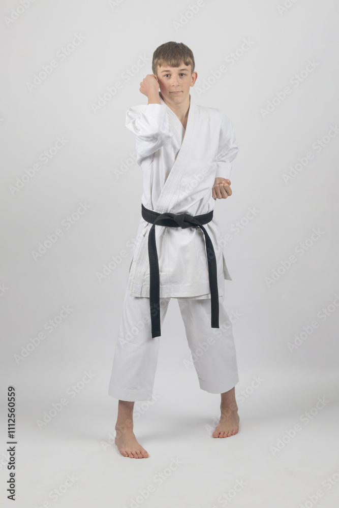 Fifteen year old male teenage karate black bel in sanchin stance doing an elbow strike , studio shot against a white background Fifteen year old male teenage karate black bel in sanchin stance doing an elbow strike , studio shot against a white background