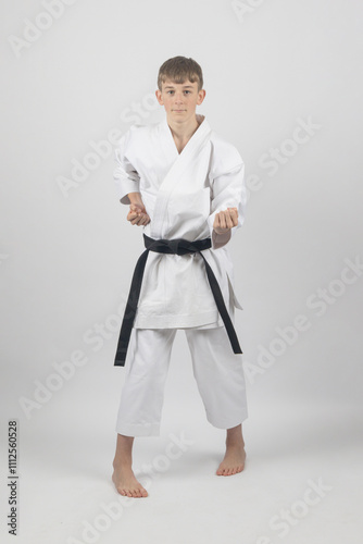 Fifteen year old male teenage karate black bel in sanchin stance punching , studio shot against a white background