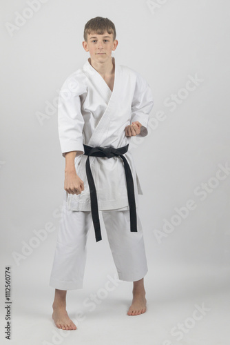 Fifteen year old male teenage karate black bel in sanchin stance doing a groin block, studio shot against a white background photo