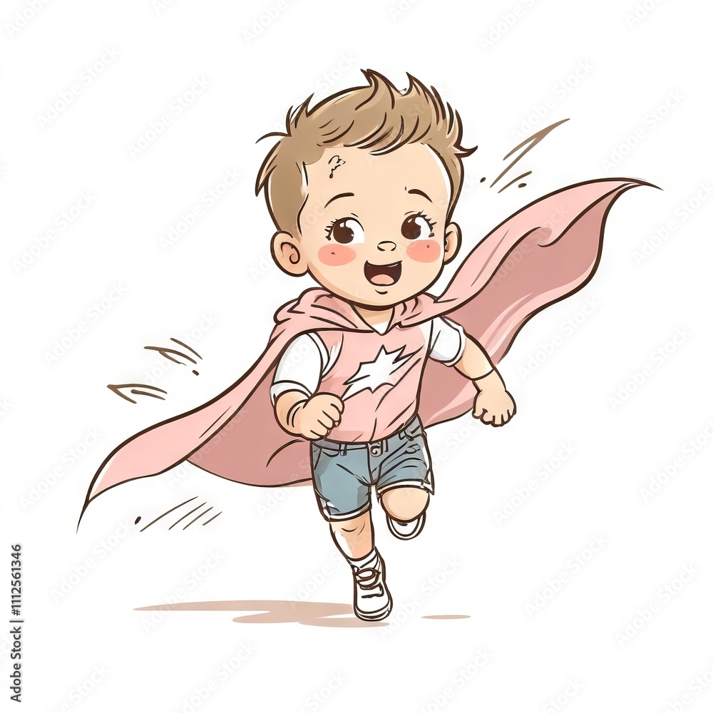 Happy child dressed as a superhero running joyfully in a playful, colorful illustration Happy child dressed as a superhero running joyfully in a playful, colorful illustration