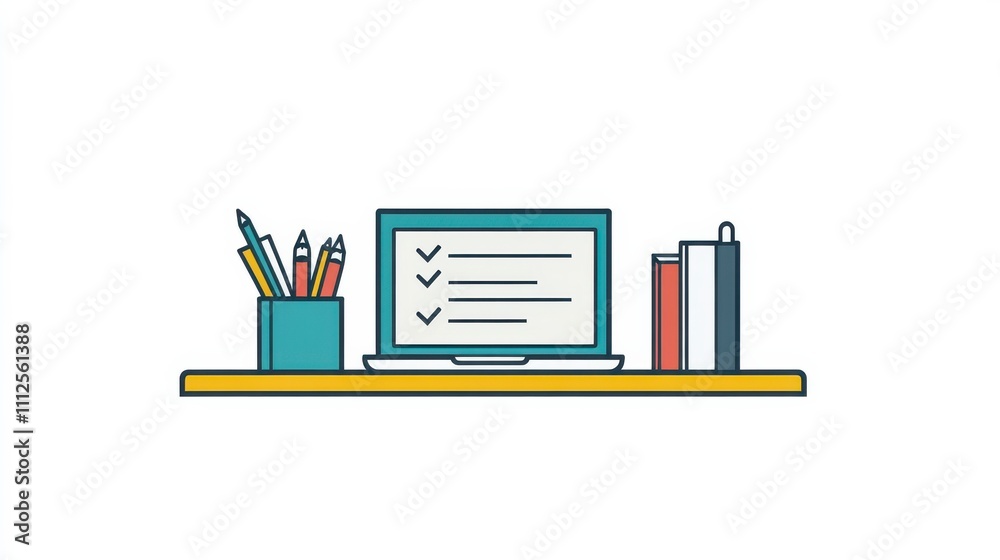 Office Supplies and Laptop on Desk Illustration Office Supplies and Laptop on Desk Illustration