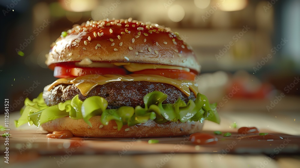 A juicy fast food portobello burger with fresh lettuce A juicy fast food portobello burger with fresh lettuce