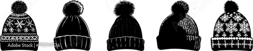 Silhouette of winter collection. A collection of five stylish winter beanies, showcasing different designs and textures suitable for cold weather fashion.