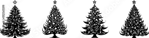Silhouette of winter collection. Four stylized Christmas trees, each decorated differently, representing holiday spirit and festive decor.